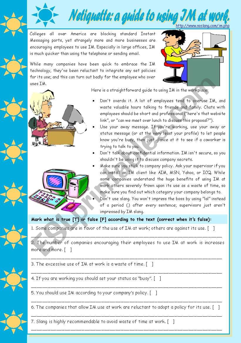 Netiquette: a guide to using IM at work (reading comprehension, writing, question tags) [5 tasks] KEYS INCLUDED ((3 pages)) ***editable